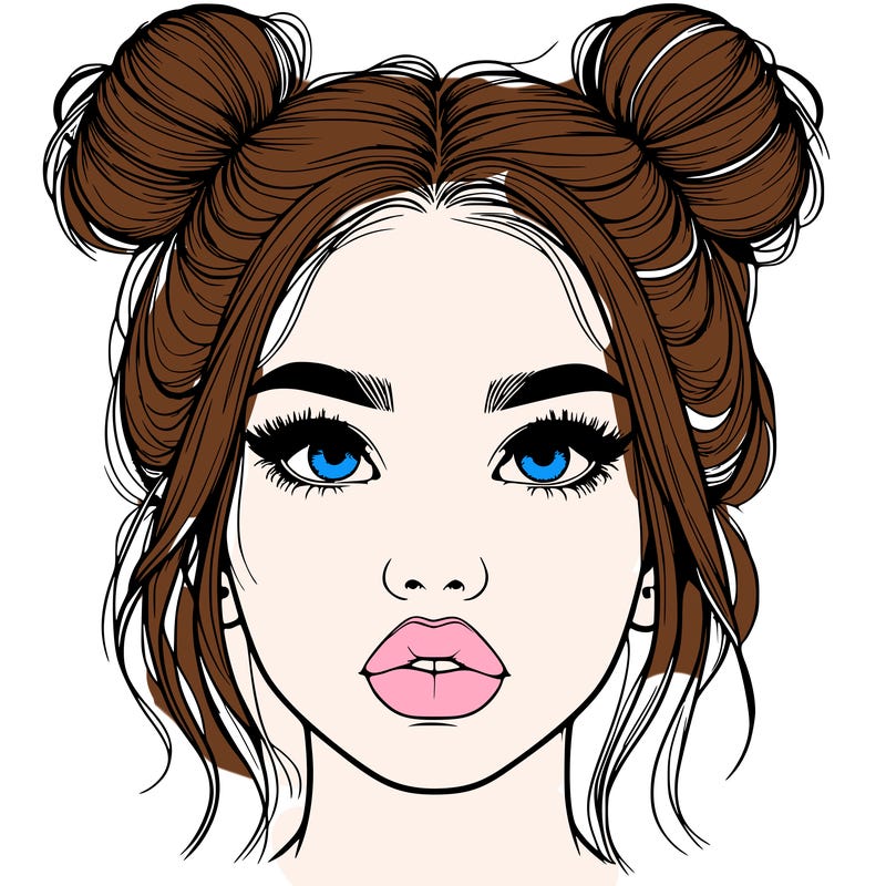 realistic girl with two buns on her hair and lips