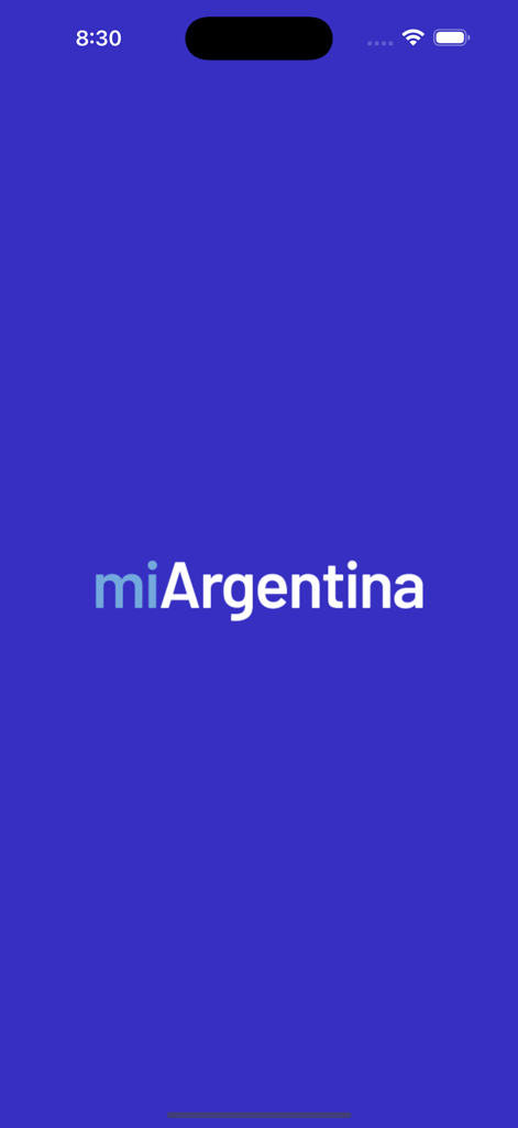 Schermata iniziale dell'app mobile Mi Argentina con logo bianco e azzurro su sfondo blu scuro