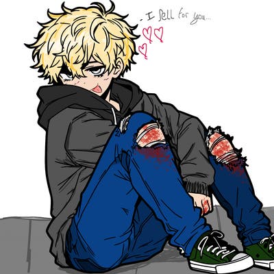 a male hoddie ripped jeans messy hair anime