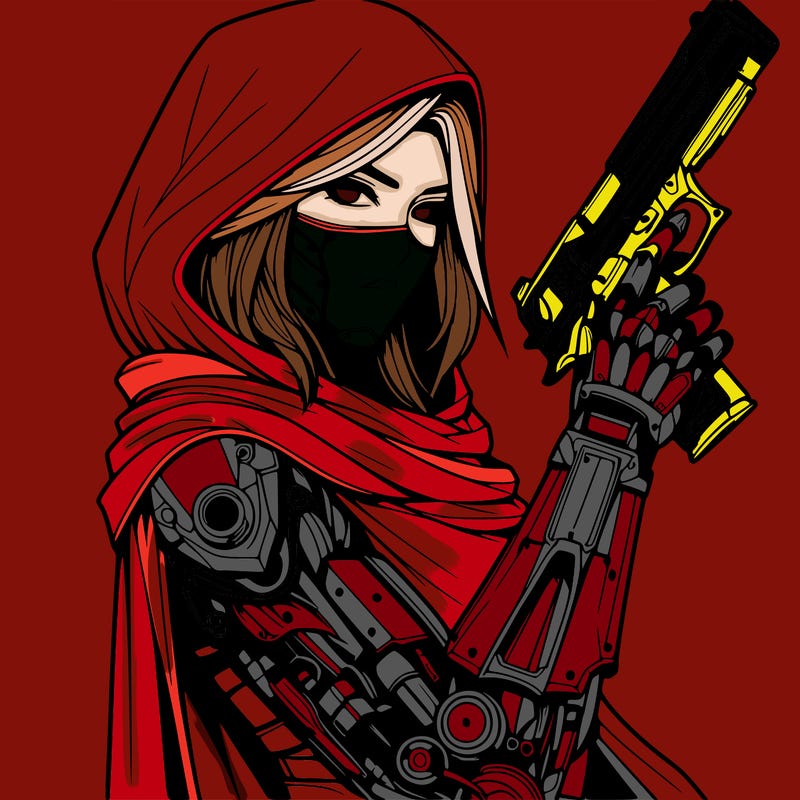 realistic female assassin with metal arm with a cape holding a gun