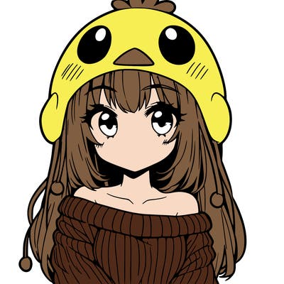 anime girl with chick shaped hat with sweater with bare shoulders with bangs covering them one eye with low tail