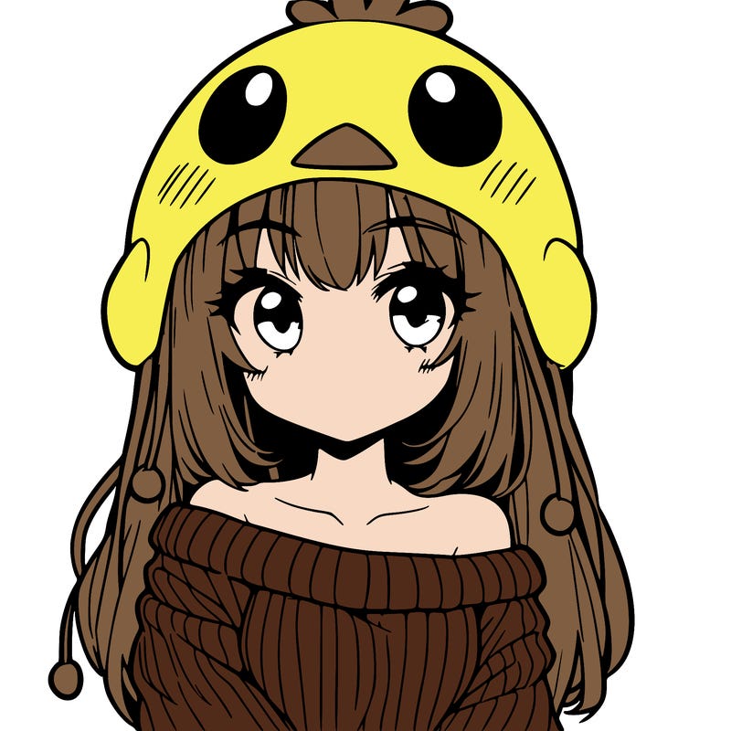 anime girl with chick shaped hat with sweater with bare shoulders with bangs covering them one eye with low tail