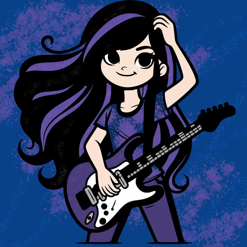 teenage girl with long hair and a rock guitar