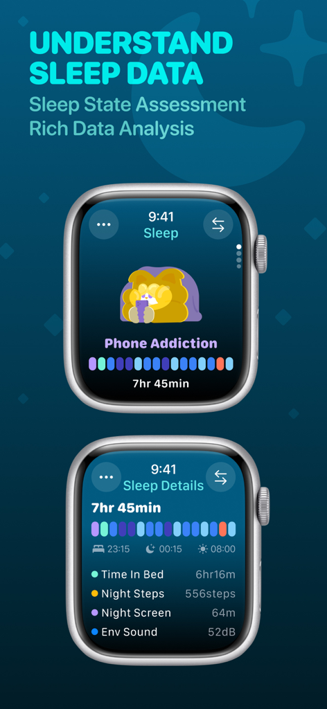 Moodji: Health & Mood Tracker - Moodjiアプリの睡眠データ分析と評価画面（Apple Watch）。