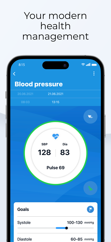 beurer HealthManager Pro - Pantalla de la aplicación Beurer HealthManager Pro que muestra lecturas de presión arterial y pulso con objetivos de salud