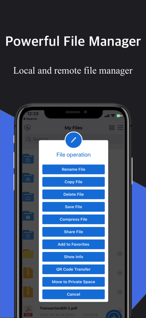 Unzip - Zip RAR 7Z File Viewer - El menú de operaciones de archivos de la aplicación Unzip en iOS, mostrando opciones para la gestión y compresión de archivos.