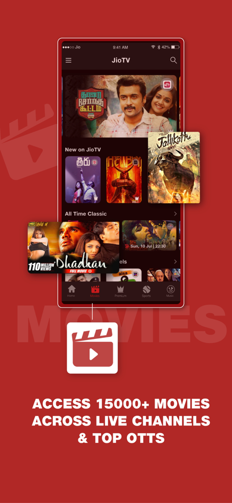 Interfaccia dell'app JioTV con una libreria di oltre 15.000 film da canali in diretta e piattaforme OTT