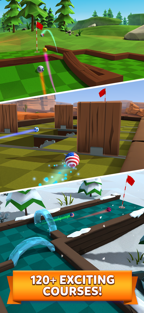 Colage de varios entornos de campos de minigolf en 3D en Golf Battle, incluyendo niveles de bosque, desierto y nieve