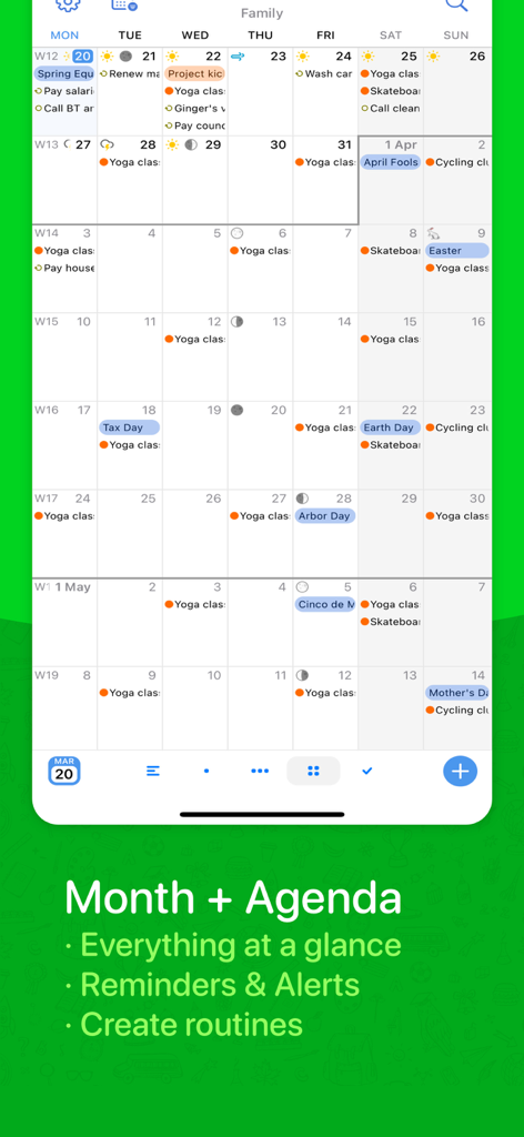 BusyCal: Calendar & Tasks - Captura de pantalla de la aplicación BusyCal que muestra una vista de calendario mensual detallada con eventos, iconos meteorológicos y tareas