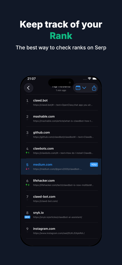 Mobile app interface showing Google search result rankings with website positions and trend indicators in dark mode.