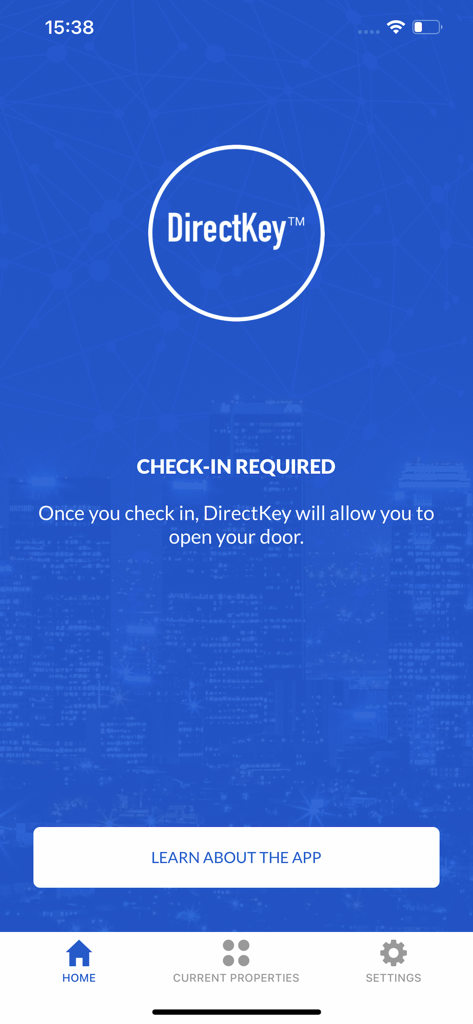 DirectKey™ - DirectKey app interface showing a check-in required message for digital hotel room access.