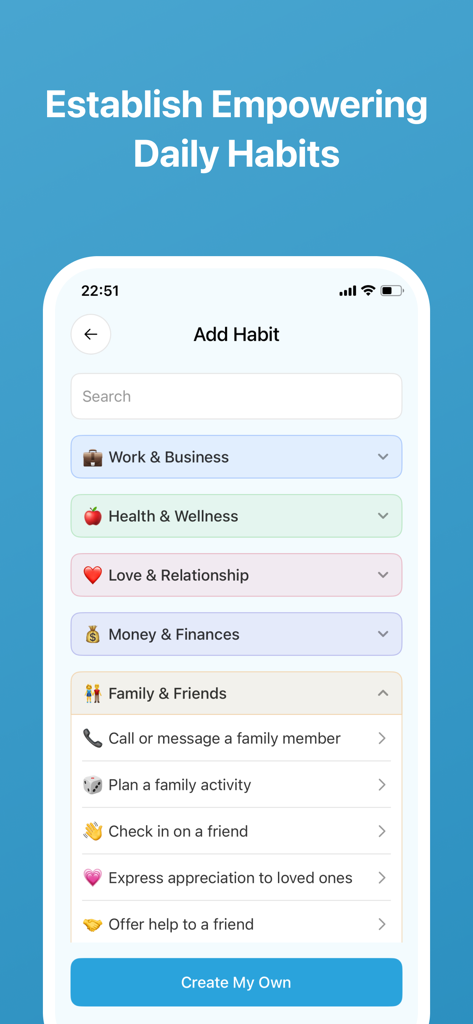 Daily Goal Tracker & Organizer - Interface of the Goals Wizard app showing habit categories for health work and relationships.