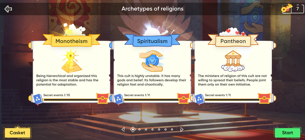 Archetypes selection screen in Religion inc. God Simulator showing Monotheism Spiritualism and Pantheon options