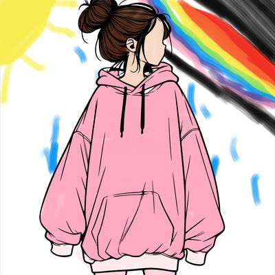 realistic girl with a oversized sweatshirt on and a bun