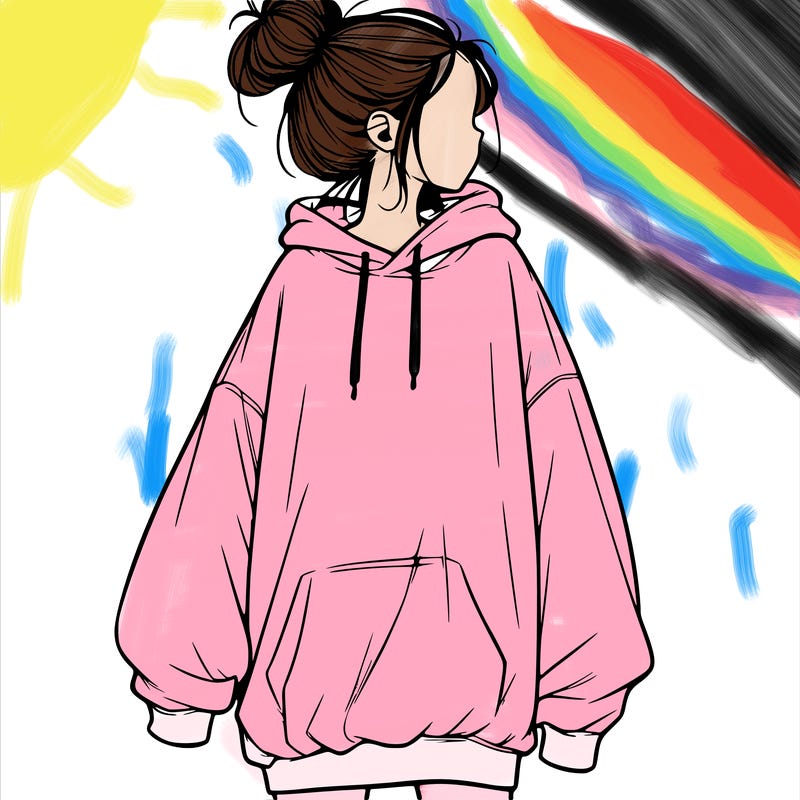 realistic girl with a oversized sweatshirt on and a bun