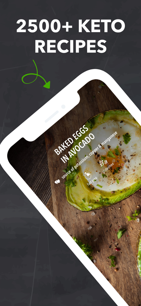 Keto Diet App interface showing a baked eggs in avocado recipe and a headline for over 2500 keto recipes