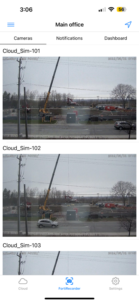FortiCamera - The FortiCamera app interface displaying live security footage from multiple cameras at a main office location.