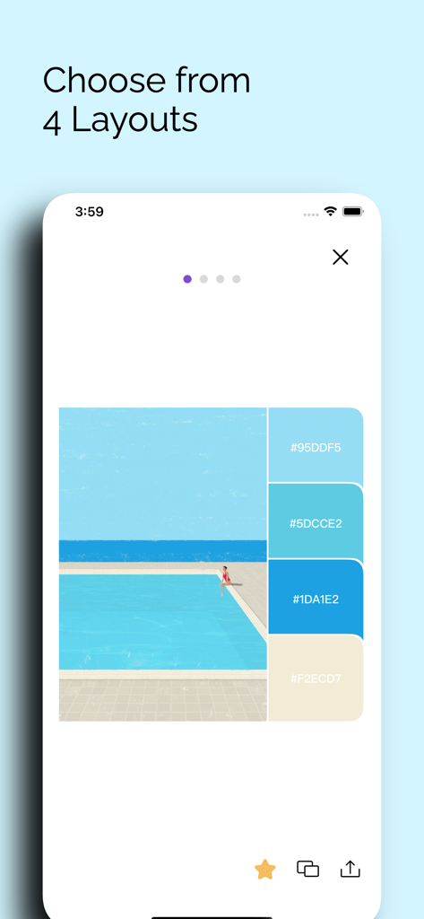 iColors - Color palette muse - Oberfläche der iColors-App, die ein Foto eines Schwimmbeckens mit extrahierten Farbfeldern und HEX-Codes in einem anpassbaren Layout anzeigt.