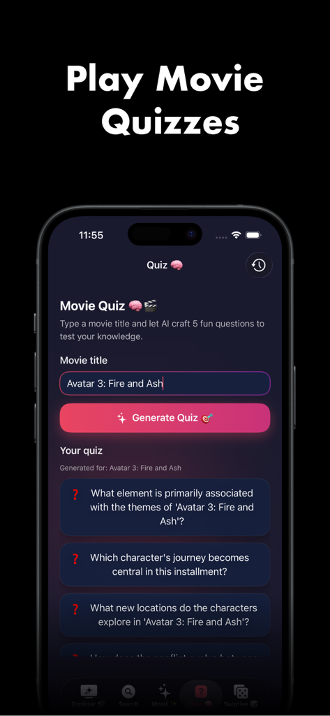 MovieBox - Movies box AI - AI-powered movie quiz interface in the MovieBox app showing questions generated for Avatar 3