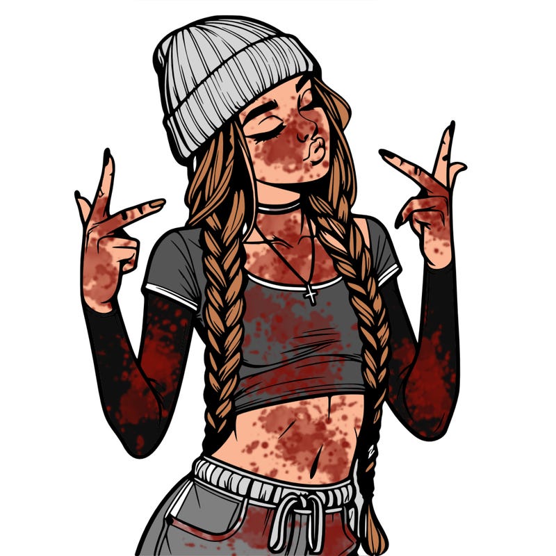 realistic teenage girl with braids and a beanie and crop top doing 🫶🏼