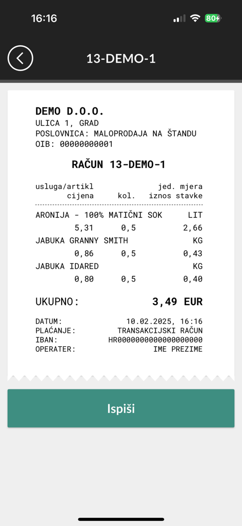Mobilna fiskalna - Anzeige eines digitalen Belegs von Mobilna fiskalna mit einer Druckschaltfläche