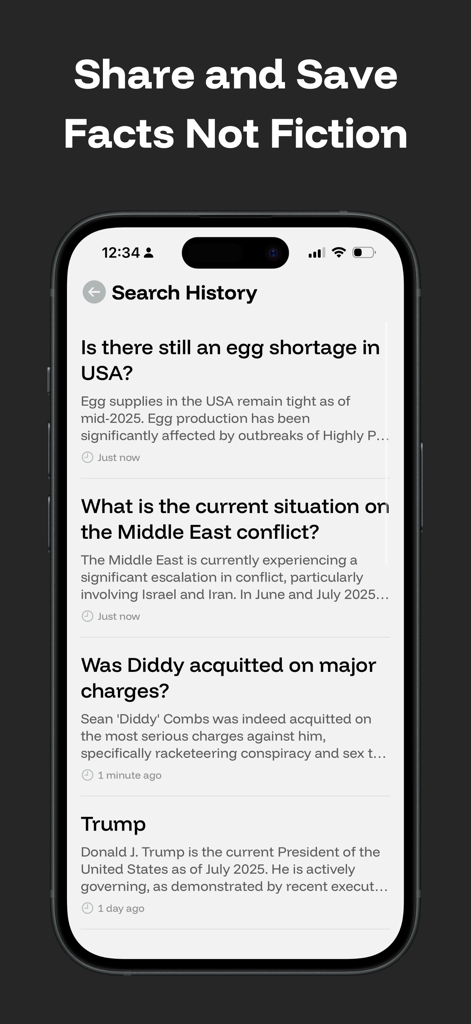 Verifi app search history screen displaying verified results for news and current events