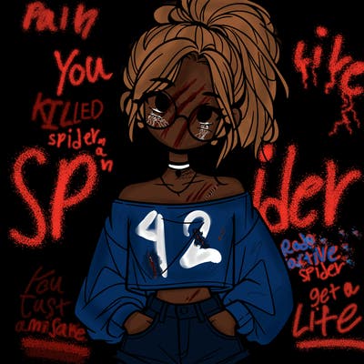 girl with a messy ponytail glasses a baggy crop top and jean shorts