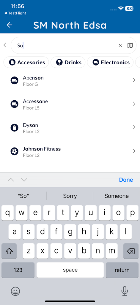 Duon app search interface showing results for stores like Abenson and Dyson in SM North Edsa mall