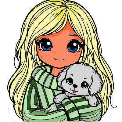 cute teen girl wearing a big sweater holding a puppy