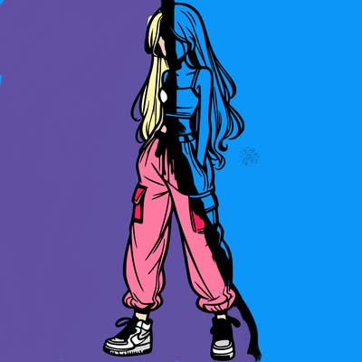 girl in baggy pants crop top and long hair