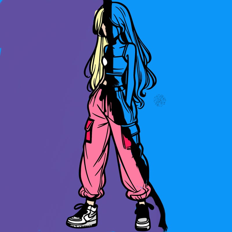 girl in baggy pants crop top and long hair