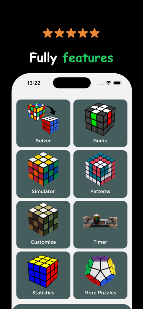 Rubix Cube Solver and Guide - Main menu of the Rubix Cube Solver app displaying features like Solver Guide Simulator Patterns Customize Timer Statistics and More Puzzles