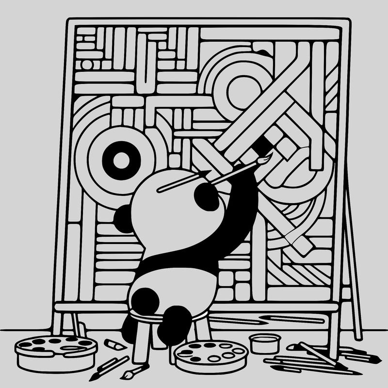 panda painting a large picasso painting while on a trailway