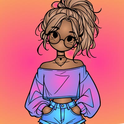 girl with a messy ponytail glasses a baggy crop top and jean shorts