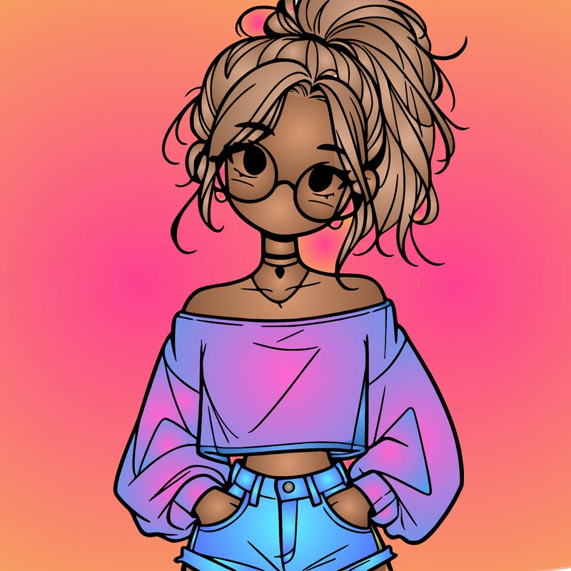 girl with a messy ponytail glasses a baggy crop top and jean shorts