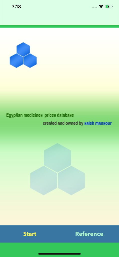 Drug eye index - Start screen of the Drug eye index app for Egyptian medicines prices database.