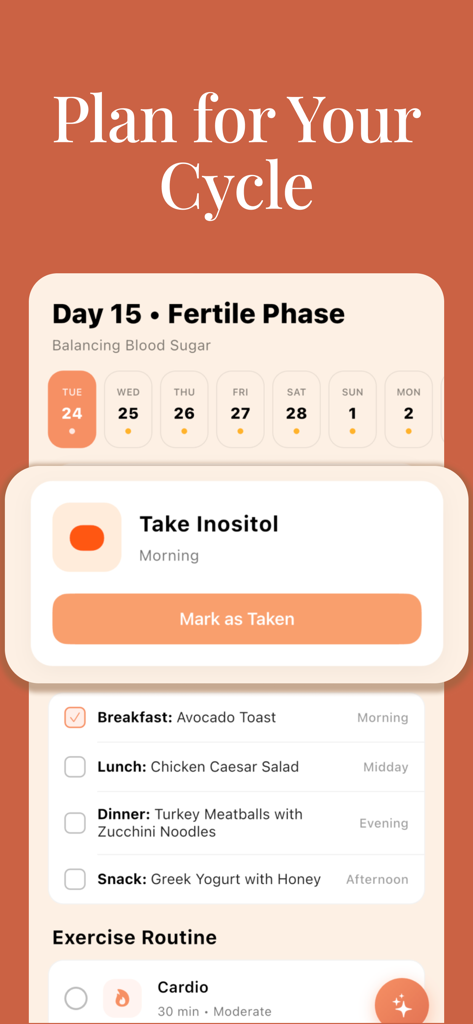 Ava app daily plan screen showing cycle phase meal tracking and supplement reminders for PCOS management