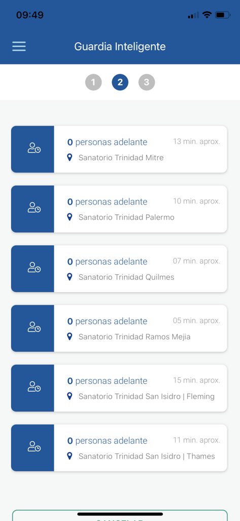 Sanatorios de la Trinidad - Captura de pantalla de la app Sanatorios de la Trinidad que muestra tiempos de espera en tiempo real en Urgencias para múltiples ubicaciones de hospitales