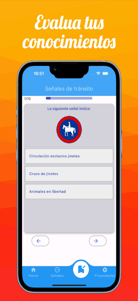 Señales de Transito - スペイン語の運転免許試験アプリのモバイルアプリクイズ画面。馬に乗ったアイコンで道路標識に関する問題が出題されています。