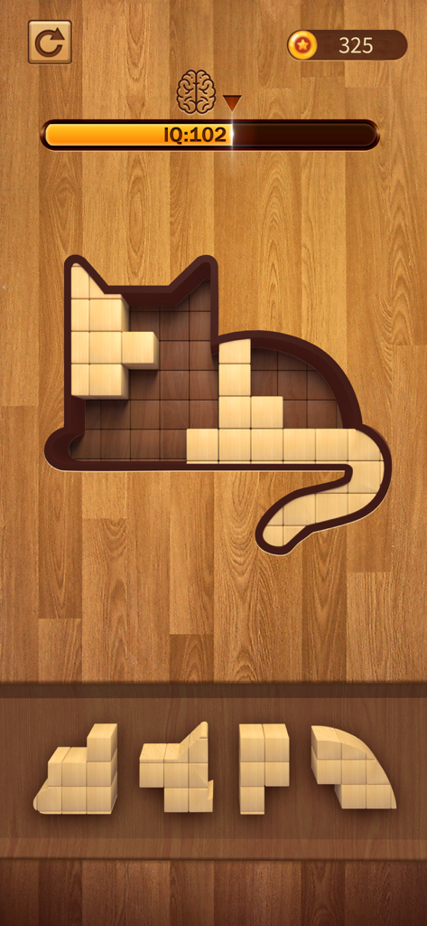 BlockPuz gameplay showing wooden blocks forming a cat shape silhouette