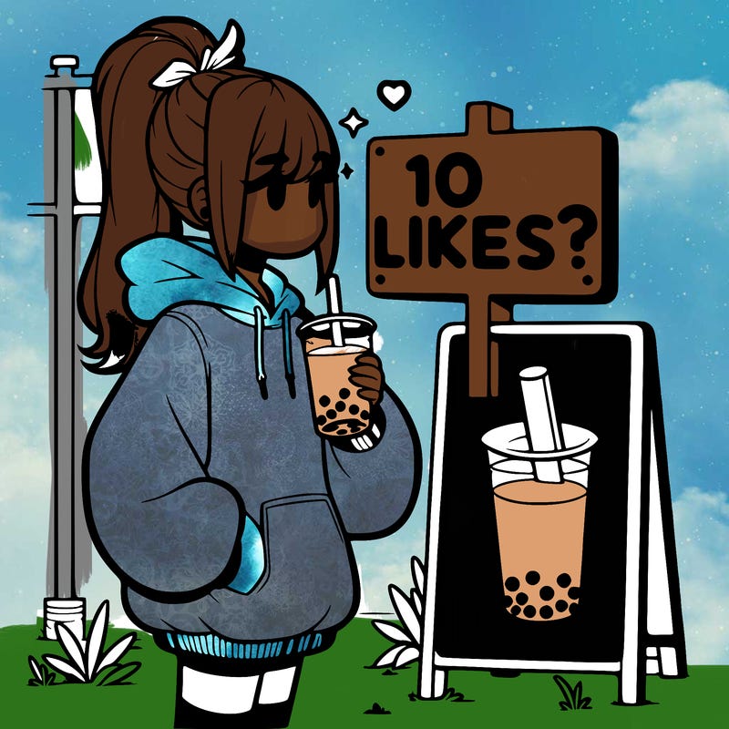 girl with oversized hoodie drinking boba and she has a high ponytail with a sign that says 10likes?