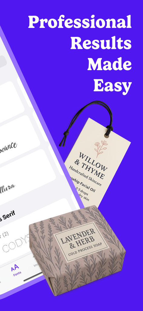 Crafti: Design for Makers - Crafti app displaying professional skincare tags and soap packaging designs with the text Professional Results Made Easy