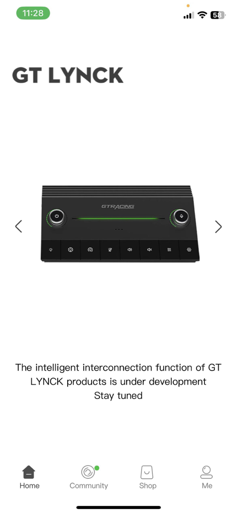 Lynck - The home screen of the GT LYNCK app displaying a GTRACING hardware interface and status message