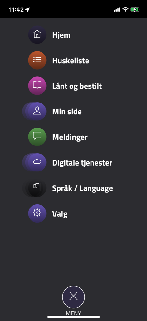 Bibliofil - Main menu screen of the Bibliofil library app with navigation icons