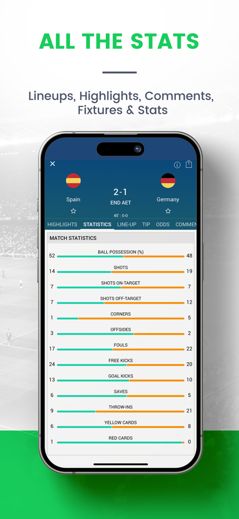 Detailed match statistics for a soccer game between Spain and Germany on the Skores mobile app