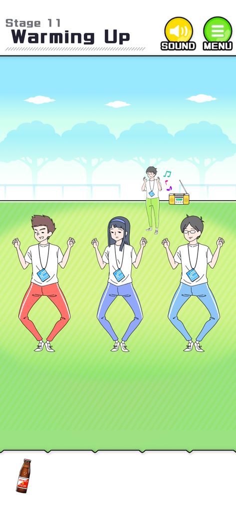 Shy Boy - Escape Game - ステージ11のウォーミングアップ中、学校のグラウンドでシンクロした体操運動をするシャイボーイ脱出ゲームのキャラクターたち。