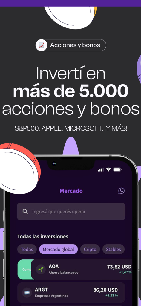 LB Finanzas: billetera virtual - Interfaz de la app LB Finanzas mostrando opciones de inversión en el mercado global de acciones y bonos
