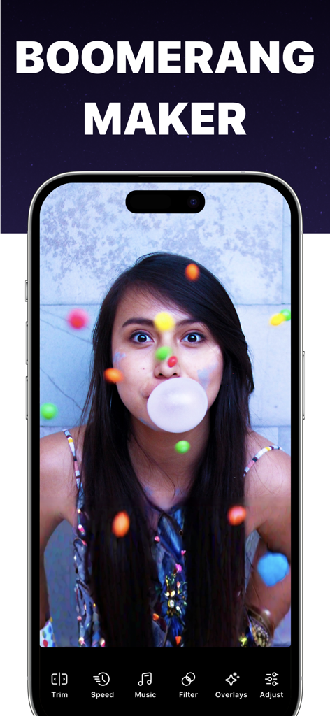 Smartphone screen showing Boomerang Video Maker app with video editing tools and a looped video