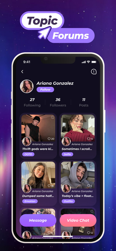 Fancy: Video Chat, Live, Meet - A screenshot of the Fancy app user profile screen featuring photo posts, follower counts, and options for messaging and video chatting.