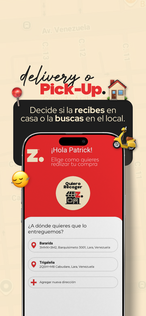Zou Pizza - Écran de l'application mobile Zou Pizza montrant les options de livraison ou de retrait avec une liste d'adresses enregistrées en espagnol